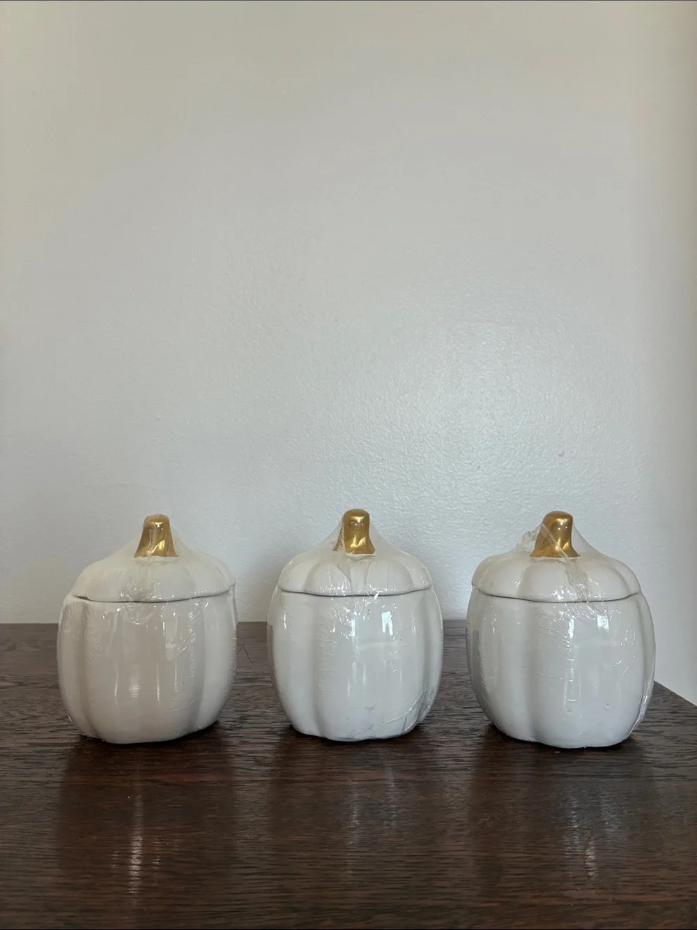 NWT- Set of 3- White Ceramic Pumpkin Jars with Lid & Gold Stems